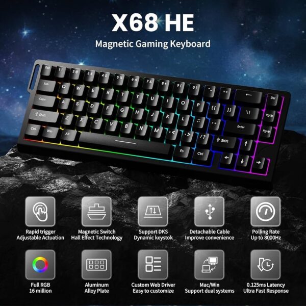 ATTACK SHARK X68 HE Rapid Trigger Mechanical Gaming Keyboard 60% Wired (Black) - Image 2